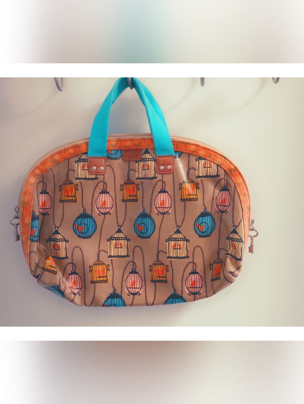 Fossil Key Per Birdcage Print Satchel Mini Cosmetic Bag In Teal Tan Orange